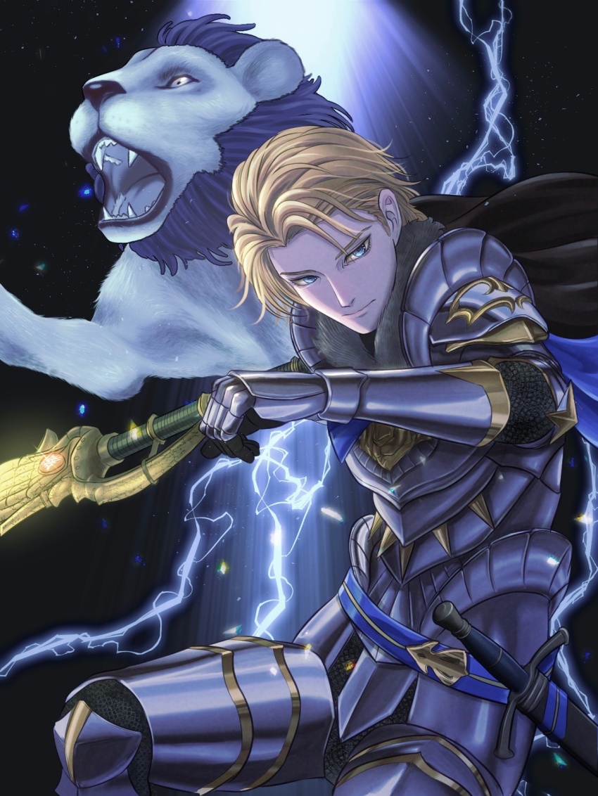 1boy animal areadbhar_(fire_emblem) arm_up armor black_background blonde_hair blue_cape blue_eyes breastplate cape closed_mouth commentary_request cuisses curtained_hair dimitri_alexandre_blaiddyd fangs faulds fire_emblem fire_emblem:_three_houses fire_emblem_warriors:_three_hopes highres holding holding_polearm holding_weapon lightning lion looking_to_the_side male_focus nintendo open_mouth ornate_weapon pauldrons polearm shoulder_armor sideways_glance smile solo sword teeth weapon wrainbow13