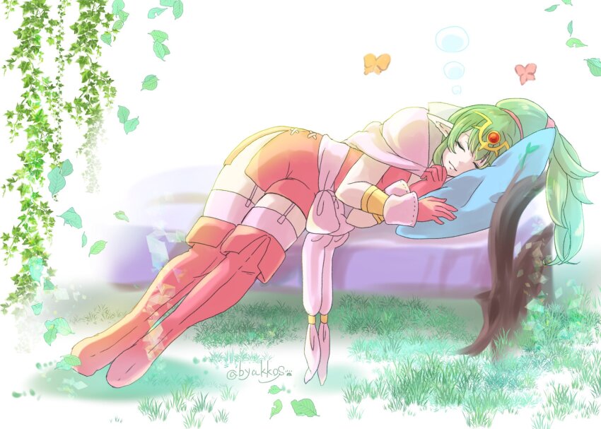 1girl boots byakkos closed_eyes closed_mouth commentary_request dress fire_emblem fire_emblem_awakening gloves green_hair hair_ornament highres long_hair lying nintendo pointy_ears ponytail red_boots red_dress red_gloves sleeping smile solo tiki_(adult)_(fire_emblem) tiki_(fire_emblem) twitter_username