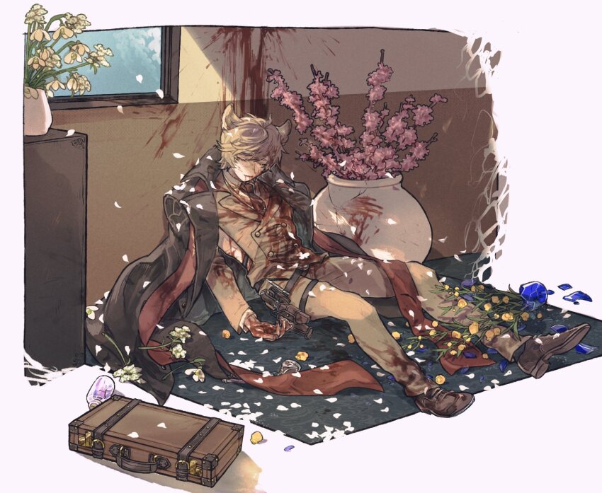 1boy animal_ears backless_outfit black_coat black_shoes blood blood_from_mouth blood_on_clothes blood_on_face blood_on_hands blood_splatter border broken broken_glass broken_vase buttons closed_eyes closed_mouth coat coat_on_shoulders collared_shirt death double-breasted erune flower formal_clothes full_body glass granblue_fantasy grey_hair grey_jacket grey_pants grey_suit gun hair_between_eyes handgun highres holster indoors jacket jar light_smile male_focus necktie nehan_(granblue_fantasy) outside_border pants pink_flower reclining red_necktie rose shirt shoes short_hair snowdrop_(flower) solo stole suit suit_jacket suitcase suzuki_(gmbk) thigh_holster tie_clip vase weapon white_border white_flower white_shirt window yellow_flower yellow_rose