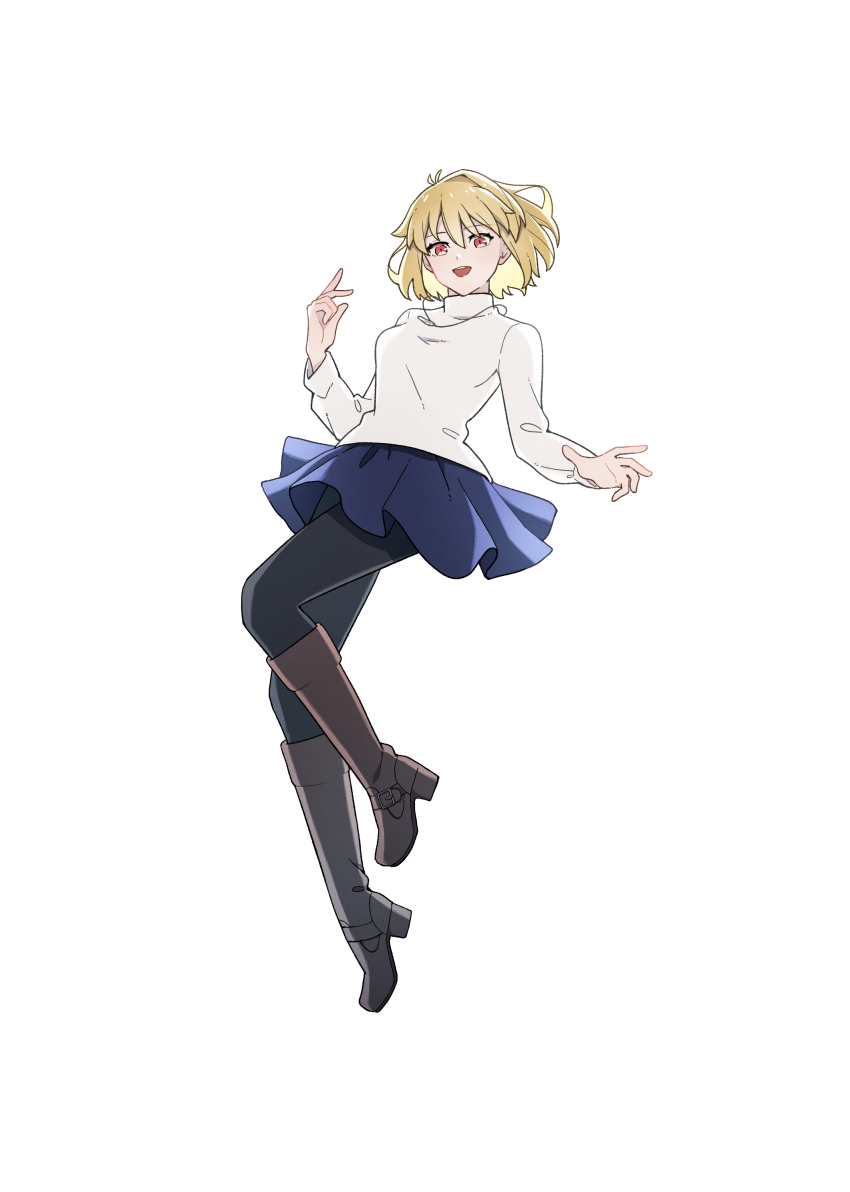 1girl absurdres ahoge arcueid_brunestud belt_boots blonde_hair blue_skirt blush boots breasts brown_boots floating happy hashikko69 highres jewelry looking_at_viewer miniskirt necklace open_mouth pantyhose red_eyes short_hair simple_background skirt smile solo sweater tsukihime tsukihime_(remake) turtleneck turtleneck_sweater