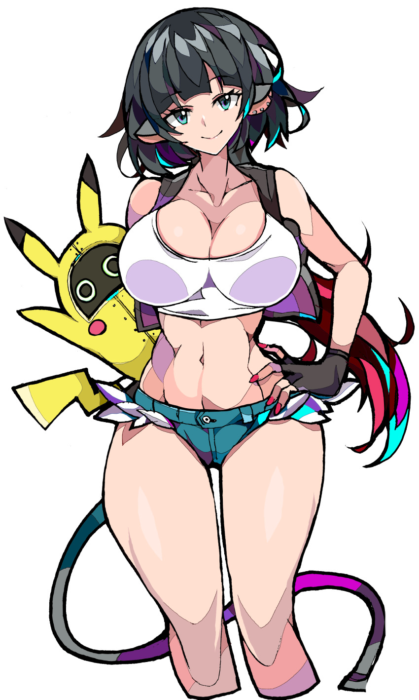 1girl absurdres animal_ears bangboo_(zenless_zone_zero) bare_shoulders black_hair black_vest blue_shorts breasts cleavage commentary_request cosplay cropped_shirt cutoffs denim denim_shorts enpe gen_1_pokemon gradient_hair grey_eyes highres hilda_(pokemon) hilda_(pokemon)_(cosplay) jane_doe_(zenless_zone_zero) large_breasts long_hair looking_at_viewer micro_shorts mouse_ears mouse_girl mouse_tail multicolored_hair navel nintendo pikachu pikachu_(cosplay) pokemon pokemon_bw red_hair shorts smile tail tank_top thighs vest white_tank_top wristband zenless_zone_zero