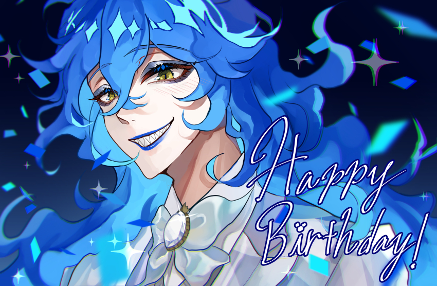 1boy black_background blue_background blue_eyeshadow blue_hair blue_lips bow bowtie brooch collared_shirt eyeshadow gradient_background grin hair_between_eyes happy_birthday highres idia_shroud jacket jewelry long_hair looking_at_viewer makeup male_focus mememe_(xufoge9) multicolored_background portrait sharp_teeth shirt simple_background smile solo sparkle teeth twisted_wonderland upper_body white_bow white_gemstone white_jacket white_shirt wing_collar yellow_eyes