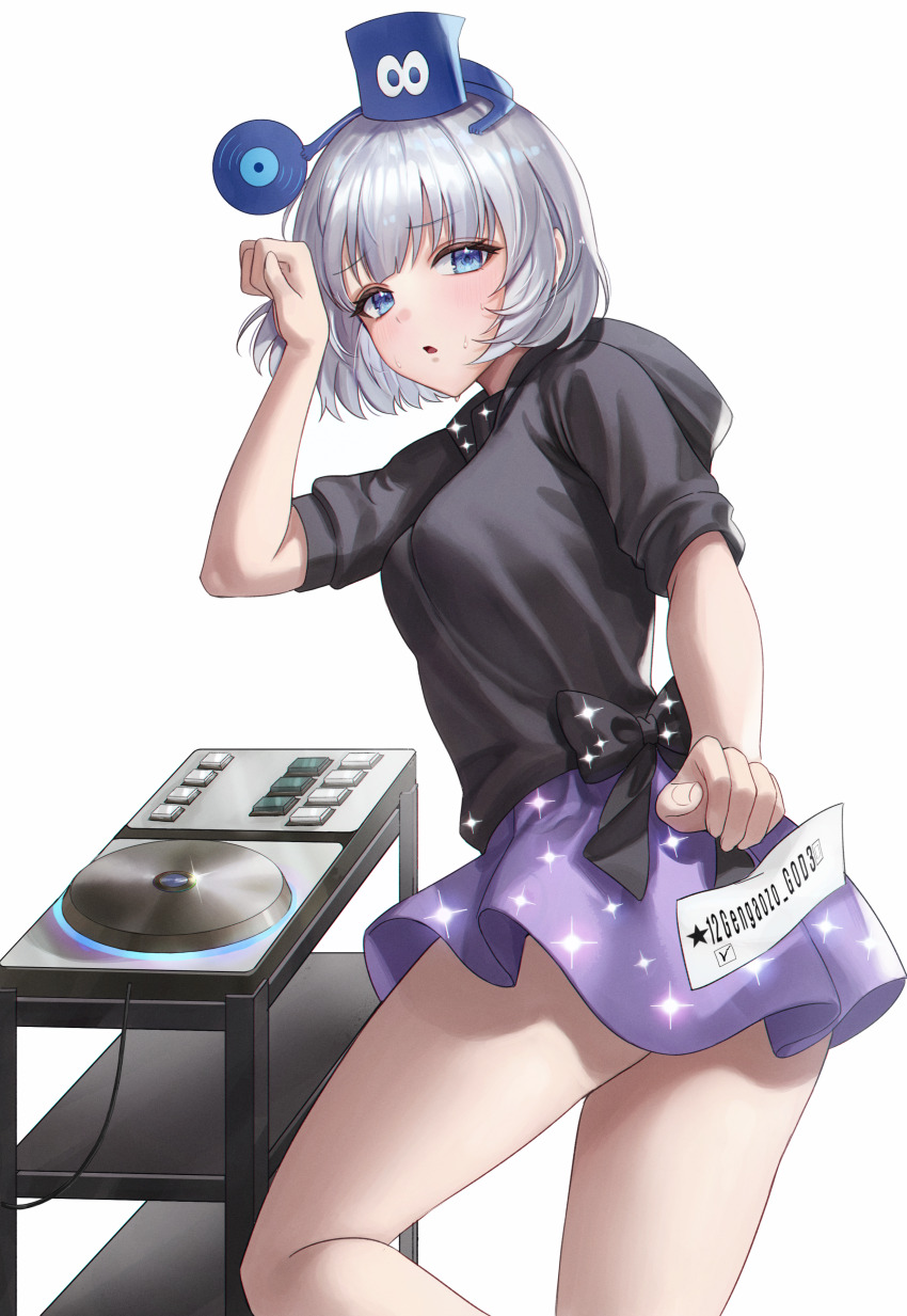 1girl absurdres black_hoodie blue_eyes commentary_request commission creature_on_head floppy_disk frown hand_up highres hood hood_down hoodie korean_commentary looking_at_viewer miniskirt mrr_05 oc_(jomhwa) original parted_lips phonograph purple_skirt second-party_source short_hair short_sleeves skirt solo sparkle thighs turntable white_hair