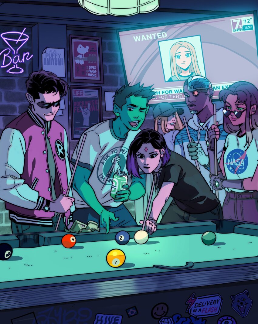 3boys 3girls 8-ball aged_up alcohol ball bar_(place) baseball_cap beast_boy_(dc) beer beer_can billiard_ball billiards breaking_news can colored_skin couple cue_stick cyborg cyborg_(dc) dark-skinned_male dark_skin dc_comics drink_can english_text flat_screen_tv gabriel_picolo green_skin hat heineken highres holding holding_can holding_cue_stick life_magazine logo mechabare multiple_boys multiple_girls nasa_logo news pointy_ears pool_table raven_(dc) robin_(dc) slice_of_life starfire sunglasses table teen_titans television terra_(dc) wanted_poster watching_television