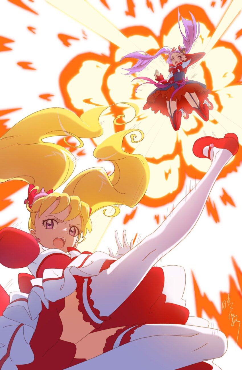2girls asahina_mirai blonde_hair bow cure_magical cure_magical_(ruby_style) cure_miracle cure_miracle_(ruby_style) dress earrings hair_bow haruqing high_heels highres izayoi_liko jewelry long_hair magical_girl mahou_girls_precure! multiple_girls open_mouth pink_eyes precure purple_eyes purple_hair red_bow red_shoes red_thighhighs shoes signature thighhighs twintails two-tone_dress white_thighhighs