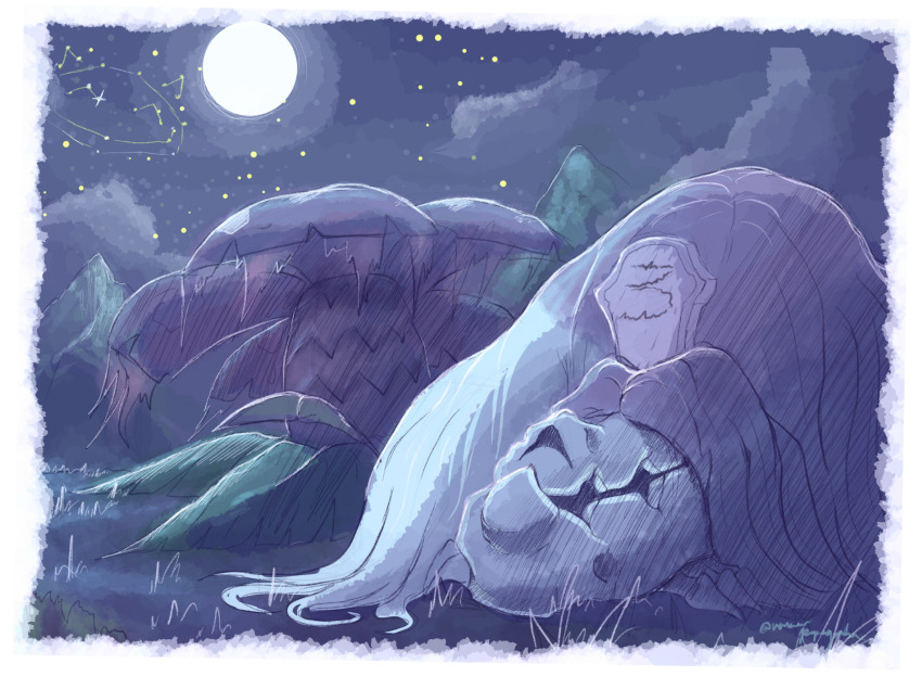 animal_focus commentary constellation english_commentary full_moon gen_1_pokemon grass hair_over_eyes highres houndstone moon night night_sky nintendo pokemon pokemon_(creature) skull sky star_(sky) starry_sky tree venusaur venusaur-propaganda