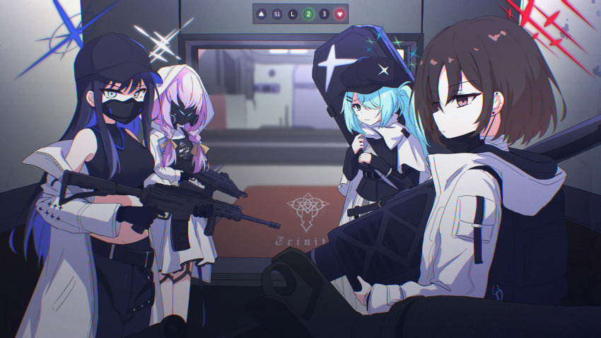 4girls absurdres assault_rifle atsuko_(blue_archive) baseball_cap black_gloves black_hair black_hat black_pants black_shirt black_sweater blue_archive blue_hair blue_halo blurry braid breasts brown_eyes brown_hair bulletproof_vest cabbie_hat call_of_duty call_of_duty:_modern_warfare_2 coat colored_inner_hair commentary commentary_request covered_face crop_top cz_scorpion_evo_3 depth_of_field elevator english_commentary fim-92_stinger gas_mask gloves green_eyes green_hair grey_eyes gun hair_ornament hair_over_one_eye hairclip halo hat highres hiyori_(blue_archive) holding holding_gun holding_rocket_launcher holding_weapon hood hood_down hood_up hooded_jacket indoors jacket kiroshi korean_commentary long_hair long_sleeves looking_at_viewer mask medium_breasts meme misaki_(blue_archive) mixed-language_commentary mouth_mask multicolored_hair multiple_girls no_russian_(meme) open_clothes open_coat open_jacket pants pink_hair ponytail pov red_halo rifle rocket_launcher saori_(blue_archive) scarf shirt short_hair sig_516 skirt sleeveless sleeveless_shirt submachine_gun surgical_mask sweater trinity_general_school_logo twin_braids weapon weapon_case white_coat white_day white_halo white_jacket white_scarf white_skirt