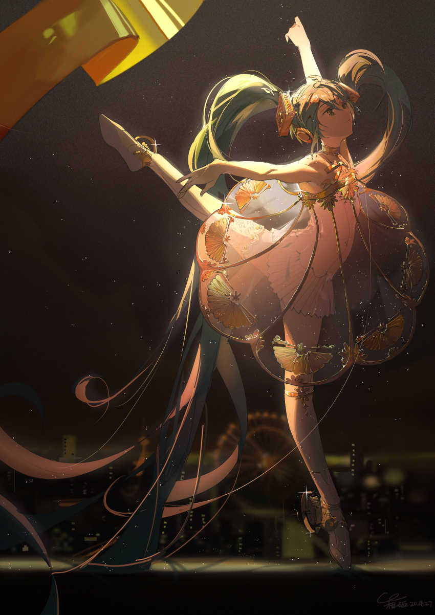1girl absurdly_long_hair absurdres black_background dress en_pointe female_focus gramophone_miku green_eyes green_hair hako_(misheyes) hatsune_miku headphones highres huge_filesize inu8neko long_hair miku_symphony_(vocaloid) outstretched_arms pleated_skirt see-through_clothes see-through_dress skirt solo spread_arms standing standing_on_one_leg thighhighs tiptoes twintails very_long_hair vocaloid