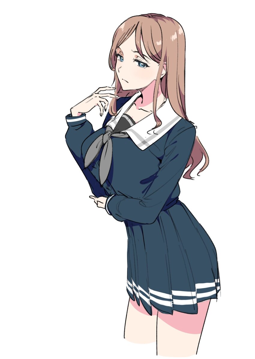 1girl arm_under_breasts bang_dream! bang_dream!_it&#039;s_mygo!!!!! blue_eyes blue_shirt blue_skirt breasts brown_hair closed_mouth collarbone commentary_request cropped_torso grey_neckerchief highres large_breasts long_hair long_sleeves looking_at_viewer nagasaki_soyo neckerchief pleated_skirt sailor_collar school_uniform shirt sketch skirt solo standing tsukinomori_school_uniform white_sailor_collar winter_uniform yamamoto_kichiko
