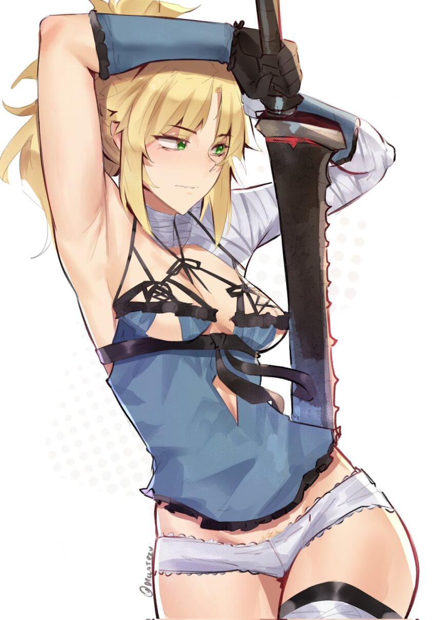 armpits bandaged_arm bandages blonde_hair breasts cosplay deccatezu fate_(series) gloves green_eyes highres kaine_(nier) kaine_(nier)_(cosplay) long_hair medium_breasts midriff midriff_peek mordred_(fate) panties sword thighhighs underboob underwear weapon