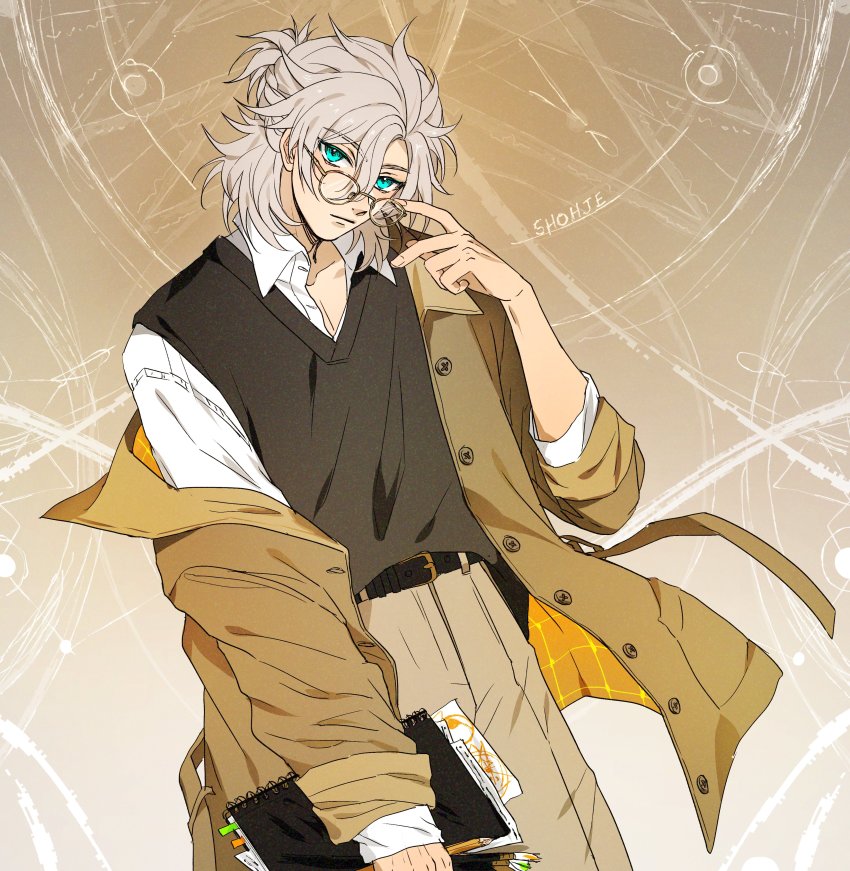 1boy absurdres albedo_(genshin_impact) alternate_costume androgynous beige_coat beige_pants blonde_hair blue_eyes brown_vest coat fashion genshin_impact glasses half_updo highres holding holding_notebook khakis long_sleeves looking_at_viewer notebook pale_skin ponytail shirt shohje short_ponytail solo vest white_shirt