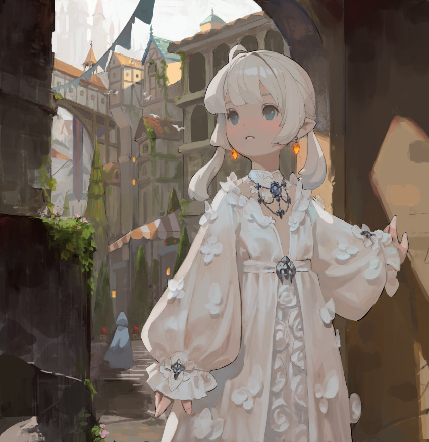 1girl 1other ahoge blue_eyes cityscape commentary dated_commentary dress earrings english_commentary final_fantasy final_fantasy_xiv flat_chest glowing highres jewelry jung_wonjo lalafell long_sleeves looking_away medium_hair necklace outdoors parted_lips pine_tree pointy_ears puffy_long_sleeves puffy_sleeves solo_focus teeth tree twintails warrior_of_light_(ff14) white_dress white_hair