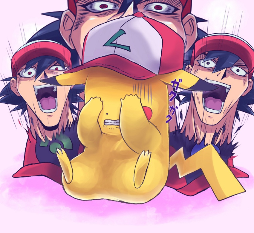 1boy ash_ketchum bad_id bad_pixiv_id baseball_cap clothed_pokemon covering_own_eyes creepy evil_smile fingerless_gloves gen_1_pokemon gloves grimace hat laughing leaning_back matsumoto_rica nintendo open_mouth parody pikachu pokemon pokemon_(anime) pokemon_(creature) sitting sleeping smile style_parody turizao voice_actor_connection what yu-gi-oh!