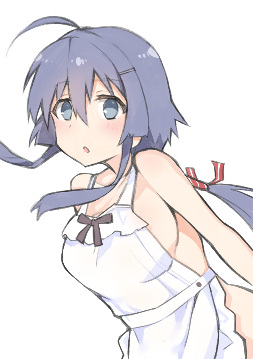 1girl :o absurdres ahoge apron bare_shoulders blue_eyes blue_hair blush breasts collarbone commentary_request hair_between_eyes hair_ornament hairclip highres hitoiki large_breasts long_hair looking_at_viewer naked_apron parted_lips ponytail setouchi_chie sideboob sidelocks simple_background solo toji_no_miko white_apron white_background