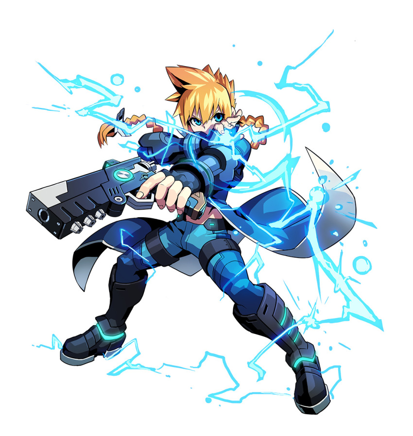 azure_striker_gunvolt azure_striker_gunvolt_1 blonde_hair blue_coat blue_eyes blue_pants braid braided_ponytail coat electricity full_body gun gunvolt highres holding holding_gun holding_weapon long_hair male_focus official_art pants simple_background solo trigger_discipline weapon white_background