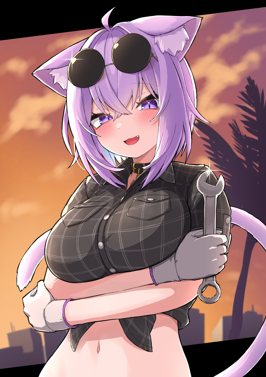 1girl absurdres ahoge animal_ears breasts cat_ears cat_tail crossed_arms eyewear_on_head fang gloves highres holding holding_wrench hololive large_breasts midriff navel nekomata_okayu purple_eyes purple_hair shirt sunglasses tail tied_shirt tkc_(user_snjd8547) twilight virtual_youtuber white_gloves wrench