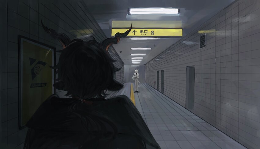 2boys absurdres arknights black_hair ceiling_light door ebenholz_(arknights) exit_sign from_behind goat_boy goat_horns hallway highres horns indoors kreide_(arknights) long_hair low_ponytail male_focus multiple_boys parody ponytail poster_(object) standing the_exit_8 tile_floor tile_wall tiles vent_(object) white_hair yomotobi