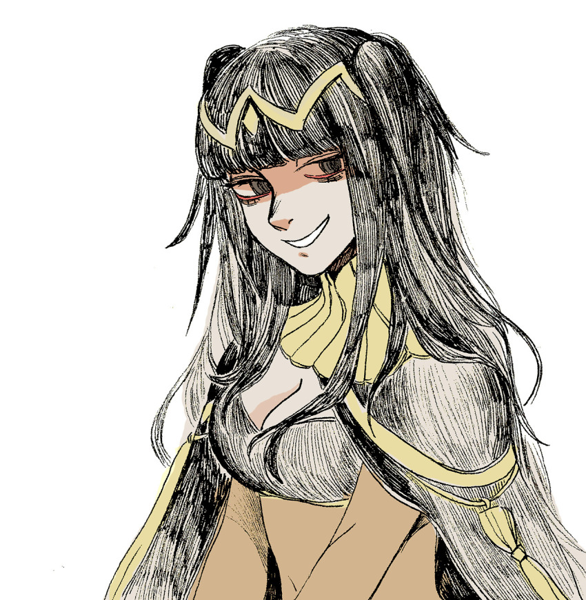 1girl black_capelet black_eyes black_hair bodystocking breasts capelet circlet cleavage commentary english_commentary fire_emblem fire_emblem_awakening highres kuropin long_hair looking_at_viewer medium_breasts navel nintendo simple_background smile smug solo tharja_(fire_emblem) upper_body white_background