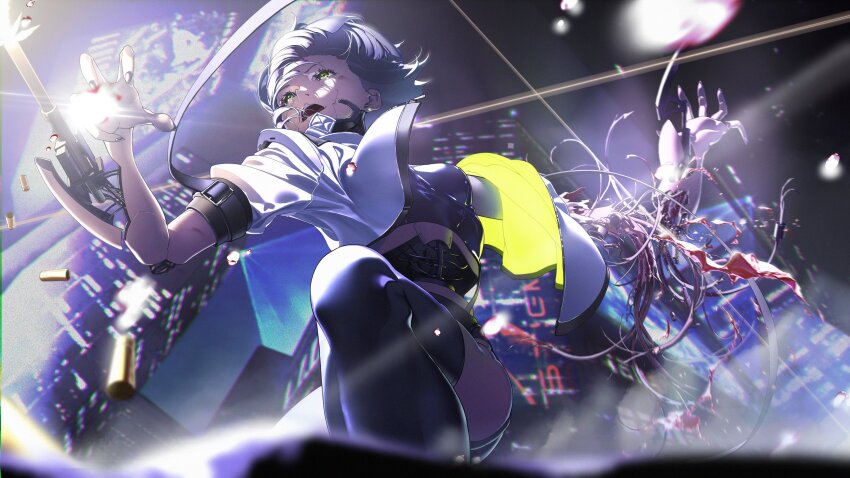 absurdres amputee android arm_blade belt_buckle black_nails bloom blurry blurry_background blurry_foreground breasts broken_arm broken_finger buckle cable chromatic_aberration city_lights cityscape cyber_fashion exposed_internal_machinery eyelashes feet_out_of_frame film_grain fingernails firing foreshortening from_below full_body glowing_clothes green_eyes grey_hair halftone highres jacket joints marui_(fxxstate_ofmind) mechanical_arms medium_breasts night night_sky nut_(hardware) open_clothes open_jacket open_mouth original robot_joints shell_casing short_hair sky spring_(object) squatting strap thighhighs weapon wire