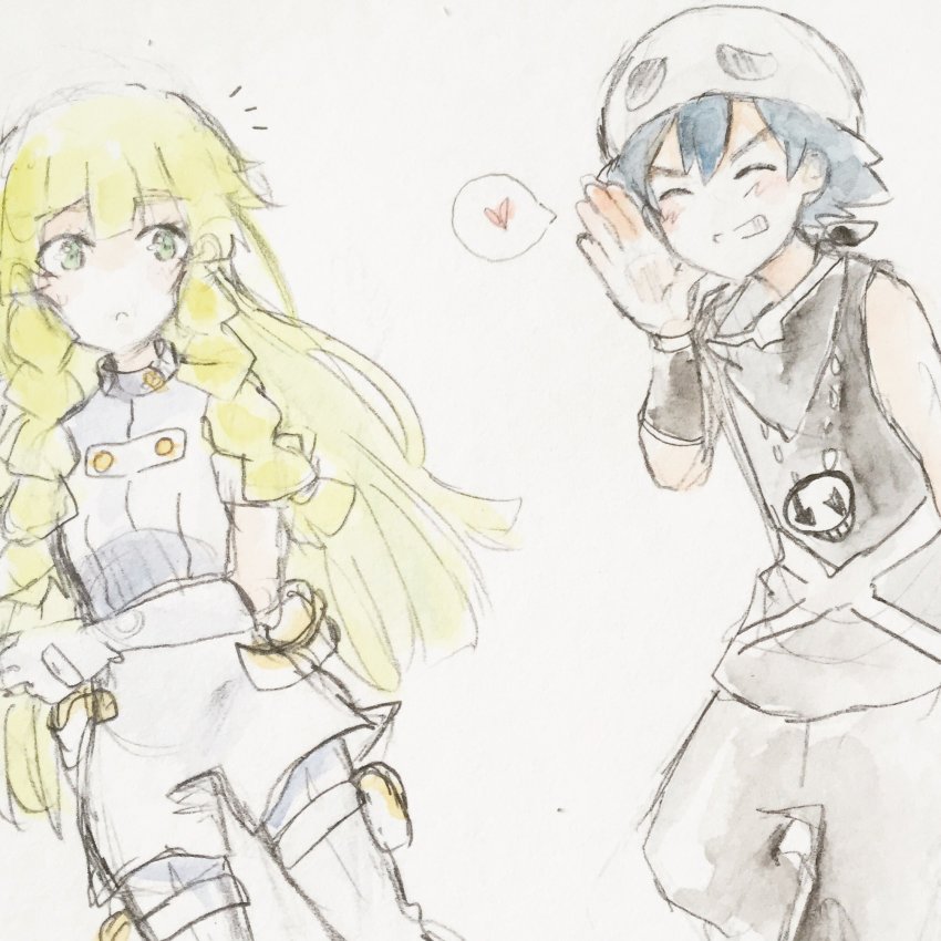 aether_foundation_employee aether_foundation_employee_(cosplay) artist_request ash_ketchum black_hair blonde_hair closed_eyes cosplay green_eyes heart highres lillie_(pokemon) nintendo pokemon pokemon_(anime) pokemon_sm source_request speech_bubble team_skull team_skull_grunt team_skull_grunt_(cosplay)