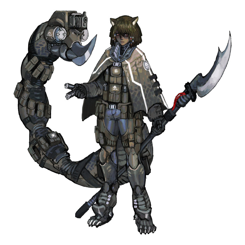 1girl 202vincent animal_ears animal_feet animal_hands belt biomechanical brown_hair cloak explosive full_body grenade highres holding holding_grenade holding_polearm holding_weapon large_tail medium_hair original pants polearm pouch scorpion_tail solo standing tactical_clothes tail utility_vest vest weapon white_background