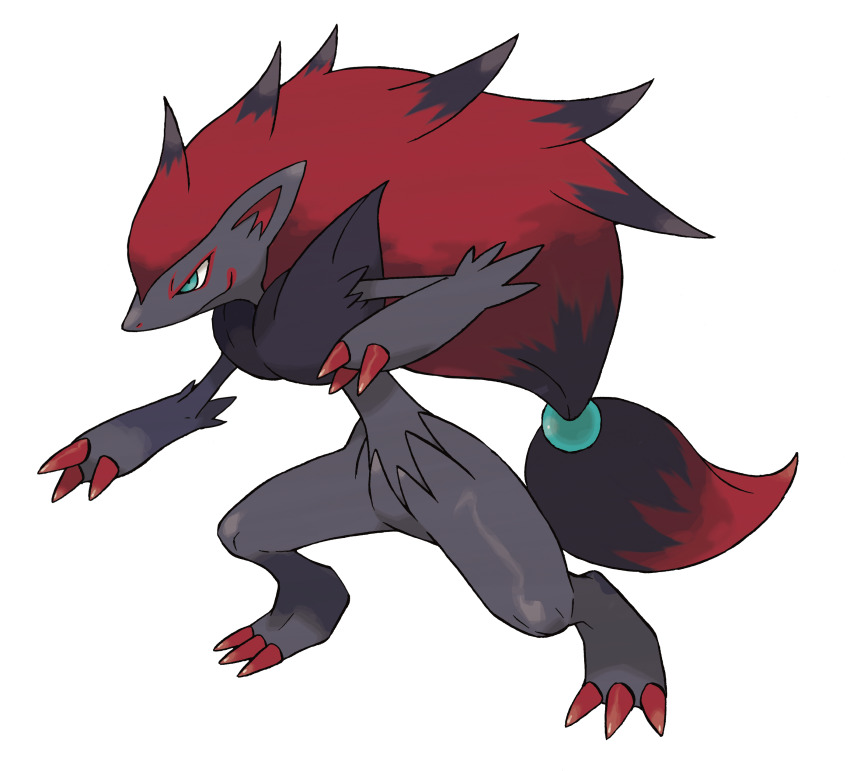 absurdres aqua_eyes artist_request black_fur claws closed_mouth full_body gen_5_pokemon hair_ornament highres long_hair nintendo official_art pokemon pokemon_(creature) pokemon_bw pokemon_focus ponytail red_hair smile solo standing third-party_source transparent_background v-shaped_eyes zoroark