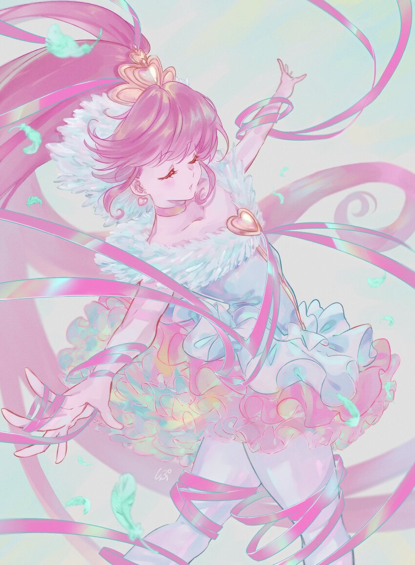 1girl absurdly_long_hair absurdres aino_megumi aqua_background arm_ribbon bare_shoulders blunt_bangs brooch choker closed_eyes collarbone cowboy_shot cure_lovely dress earrings expressionless eyelashes feathers fur-trimmed_dress fur_sleeves fur_trim gold_tiara happinesscharge_precure! heart heart_brooch heart_earrings high_ponytail highres jewelry leg_ribbon long_hair magical_girl open_mouth outstretched_arms pink_choker pink_hair pink_ribbon ponytail precure ribbon shipu_(gassyumaron) short_dress short_sleeves solo super_happiness_lovely thigh_ribbon tiara very_long_hair white_dress