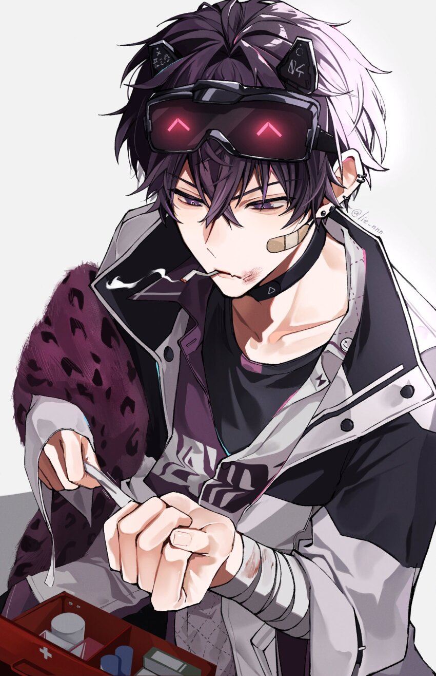 1boy bandaged_arm bandages bandaid bandaid_on_face black_choker black_hair black_shirt blood bloody_bandages bruise bruise_on_face choker cigarette collarbone commentary crew_neck crossed_bangs ear_piercing earrings first_aid_kit hashtag-only_commentary headset highres holding holding_bandages injury jacket jewelry lie_nnn long_sleeves male_focus multicolored_jacket multiple_earrings nijisanji open_clothes open_jacket piercing saiki_ittetsu saiki_ittetsu_(1st_costume) shirt short_hair smoke smoke_trail smoking solo virtual_youtuber
