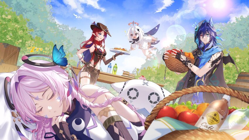 1boy 3girls apple asymmetrical_clothes bare_shoulders basket black_eyes black_gloves black_hood black_nails black_pants blue_butterfly blue_cape blue_eyes blue_hair bottle braid breasts brown_hat bug butterfly cape chasca_(genshin_impact) citlali_(genshin_impact) citlalin_(genshin_impact) cleavage closed_eyes closed_mouth commentary_request day drooling earrings facial_mark fingerless_gloves fingernails floating floating_headgear food fruit genshin_impact gloves grapes hair_ornament halo hand_on_own_hip hand_up hat headgear heterochromia highres holding holding_basket holding_tray hood hood_up hugging_object insect itzpapa_(genshin_impact) jewelry kawausoman long_hair lying medium_breasts mouth_drool multicolored_hair multiple_girls nail_polish notice_lines on_side open_mouth orange_(fruit) ororon_(genshin_impact) outdoors paimon_(genshin_impact) pants parted_bangs pink_hair pointy_ears purple_hair red_eyes red_hair sidelocks single_pantsleg standing star_(symbol) star_hair_ornament tray triquetra twin_braids very_long_hair water_bottle white_hair white_romper wicker_basket