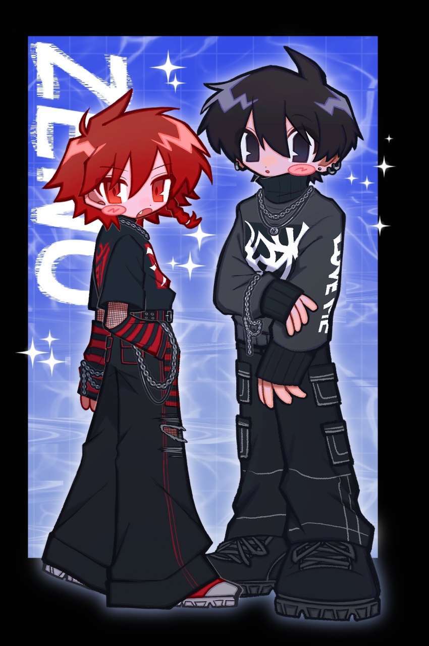 2boys black_eyes black_footwear black_hair black_pants black_sweater blush_stickers braid chain chain_necklace emo_fashion full_body highres jewelry long_sleeves looking_at_viewer maeno_aki multiple_boys necklace open_mouth pants red_eyes red_hair shoes side_braid single_blush_sticker striped_arm_warmers sweater tsugino_haru yappari zeno_(game)