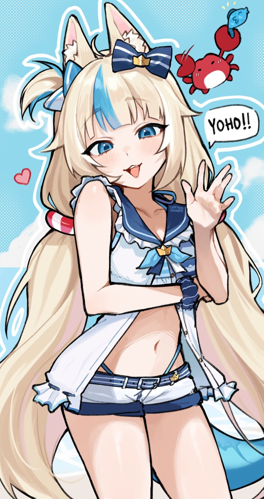 1girl absurdres ahoge animal_ears bikini blonde_hair blue_hair breasts cat_ears crab dress heart highleg highleg_bikini highres indie_virtual_youtuber long_hair looking_at_viewer low_twintails navel one_side_up open_mouth sameko_saba short_shorts shorts sleeveless sleeveless_dress small_breasts smile smolducko solo swimsuit twintails very_long_hair virtual_youtuber white_dress white_shorts