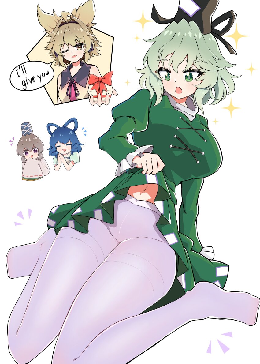 4girls absurdres black_headwear blue_hair breasts commentary_request cross-laced_clothes dress english_text gift green_dress green_eyes green_hair gurajio hair_rings hat highres holding holding_gift juliet_sleeves kaku_seiga large_breasts long_sleeves mononobe_no_futo multiple_girls ofuda ofuda_on_clothes open_mouth pointy_hair puffy_sleeves soga_no_tojiko sparkle sparkling_aura speech_bubble star_(symbol) tate_eboshi thighhighs touhou toyosatomimi_no_miko white_thighhighs