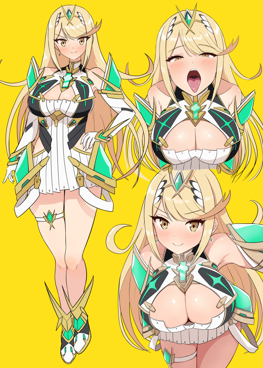 1girl absurdres bare_legs bare_shoulders blonde_hair blush breasts chest_jewel cleavage cleavage_cutout clothing_cutout downblouse dress flipped_bangs full_body gloves hands_on_own_chest headpiece highres large_breasts leaning_forward light_blush long_hair looking_at_viewer microdress multiple_views mythra_(xenoblade) open_mouth oral_invitation short_dress smile symbol-shaped_pupils thigh_strap tongue tongue_out upper_body uvula white_dress white_gloves xenoblade_chronicles_(series) xenoblade_chronicles_2 yellow_eyes yoshikirino