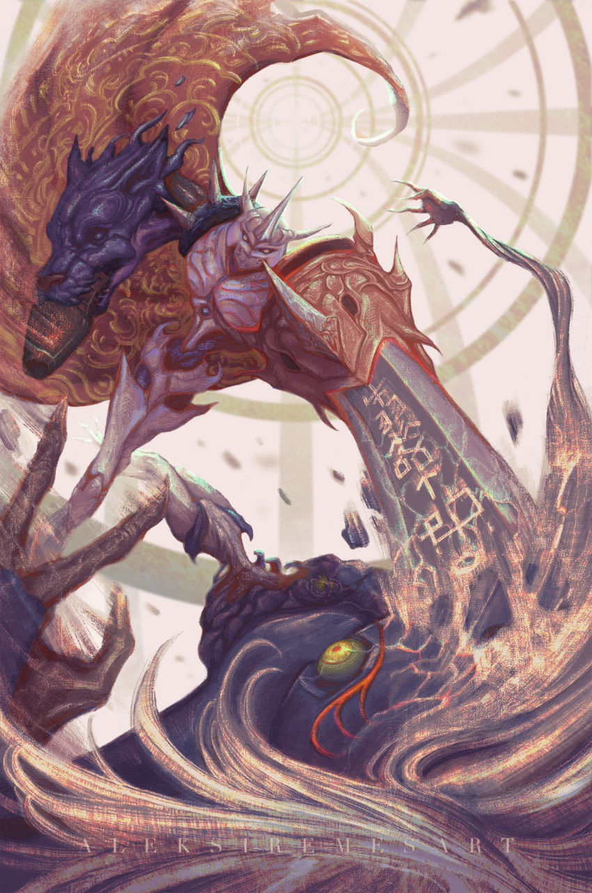 aleksi_remes arm_blade arm_cannon armor blonde_hair cape claws core diablomon digimon digimon_(creature) digimon_adventure digimon_adventure:_bokura_no_war_game floating_cape full_armor green_eyes helmet highres horns multiple_heads multiple_horns narrow_waist no_humans omegamon ornate red_cape red_pupils stab weapon white_armor white_helmet