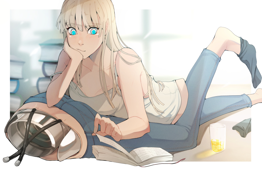 1girl absurdres bare_shoulders blonde_hair blue_eyes blue_pants blunt_bangs book denim disembodied_torso ecomoesty foot_out_of_frame head_rest highres jeans leg_up long_hair lying mechabare on_stomach open_book original pants socks tank_top