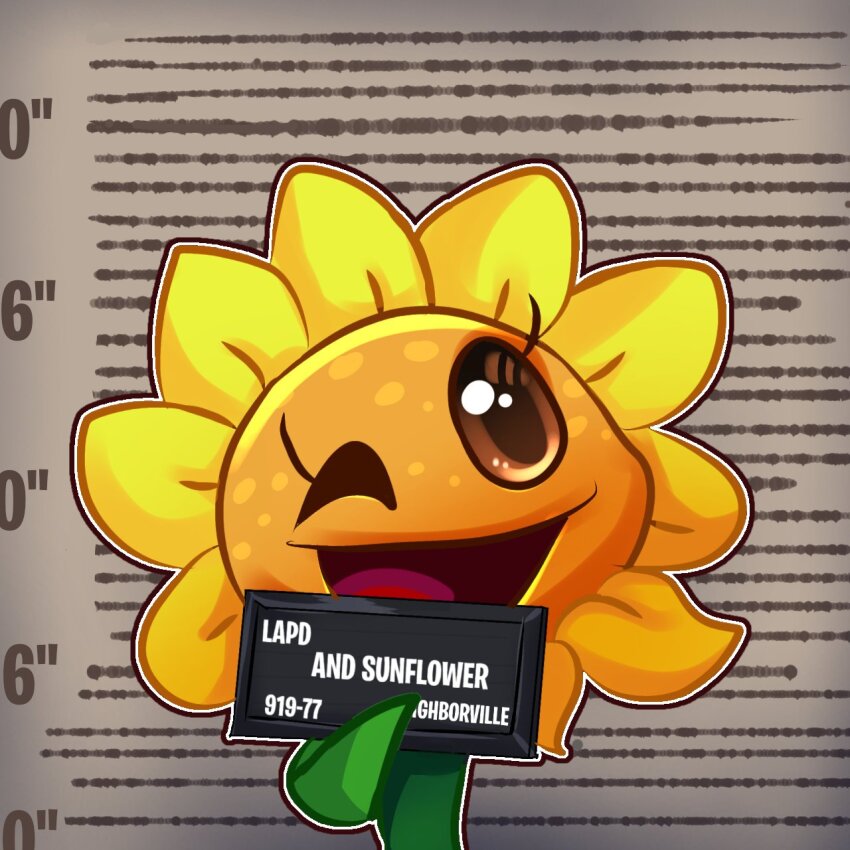 barbie_mugshot_(meme) brown_eyes character_name highres lizylyuwu meme mugshot no_humans one_eye_closed open_mouth plants_vs._zombies solo sunflower_(plants_vs._zombies)