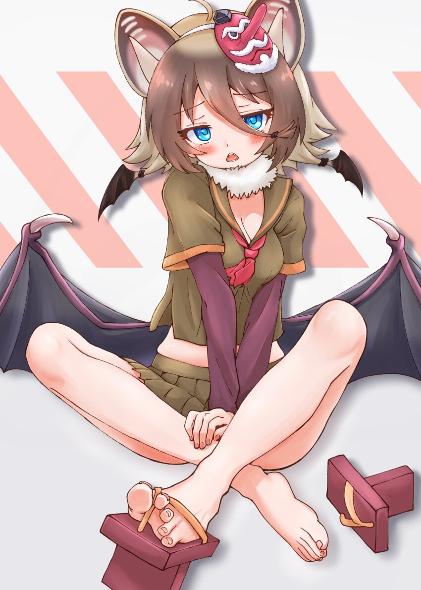 1girl absurdres animal_ears bare_legs barefoot bat_ears bat_girl bat_wings blue_eyes blush brown_hair crossed_legs fur_collar geta green_shirt green_skirt hair_between_eyes hands_on_lap highres hilgendorf&#039;s_tube-nose_bat_(kemono_friends) kemono_friends light_brown_hair long_sleeves looking_at_viewer mask mask_on_head midriff multicolored_hair neckerchief open_mouth piki_(zuru-pikio) pleated_skirt purple_sleeves red_neckerchief sandals school_uniform serafuku shirt short_hair short_sleeves sidelocks single_sandal sitting skirt solo t-shirt tengu-geta two-tone_hair white_fur wings