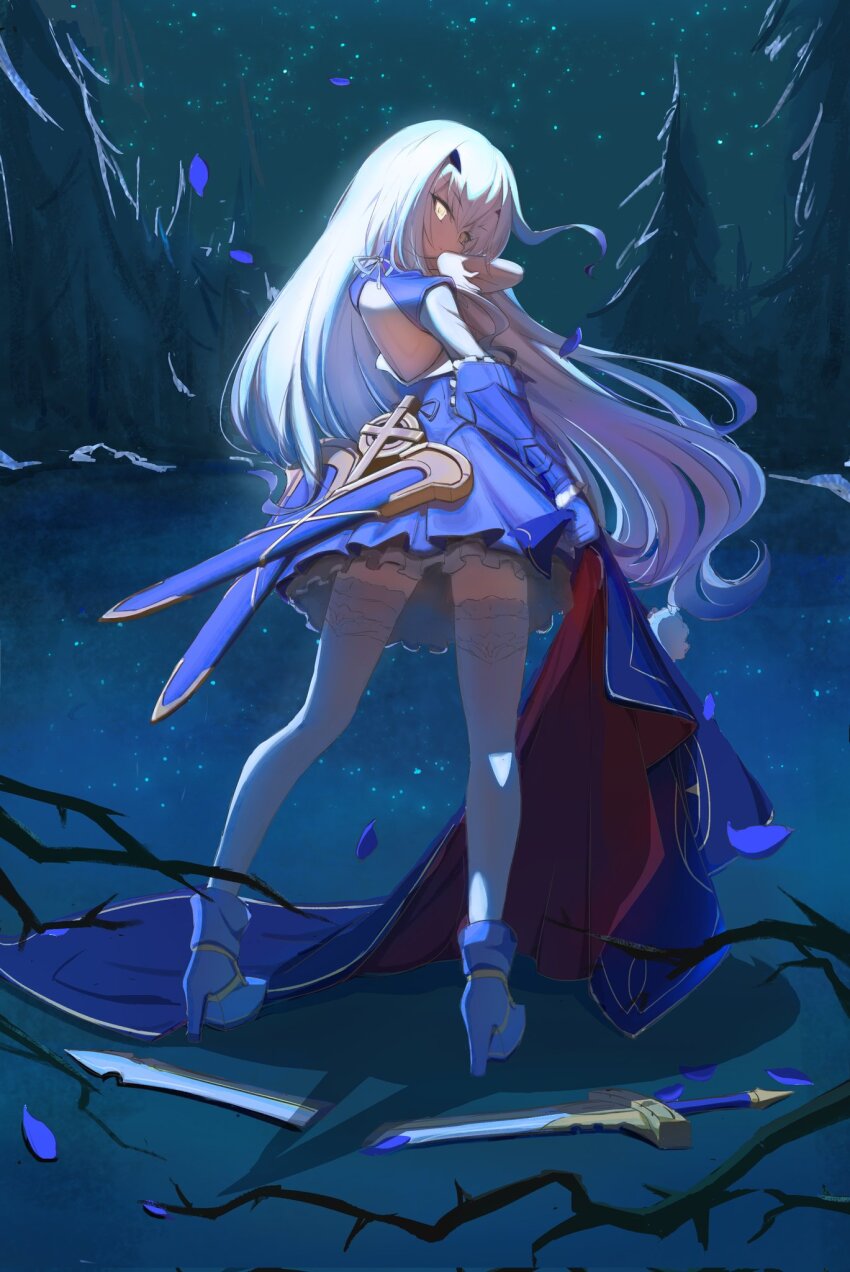 1girl blue_dress blue_gloves broken broken_sword broken_weapon dress fate/grand_order fate_(series) frilled_dress frills from_behind full_body gloves hand_up high_heels highres long_hair looking_at_viewer looking_back melusine_(fate) melusine_(second_ascension)_(fate) rishiyo_(mcfa5282) solo sword thighhighs weapon white_hair white_thighhighs yellow_eyes