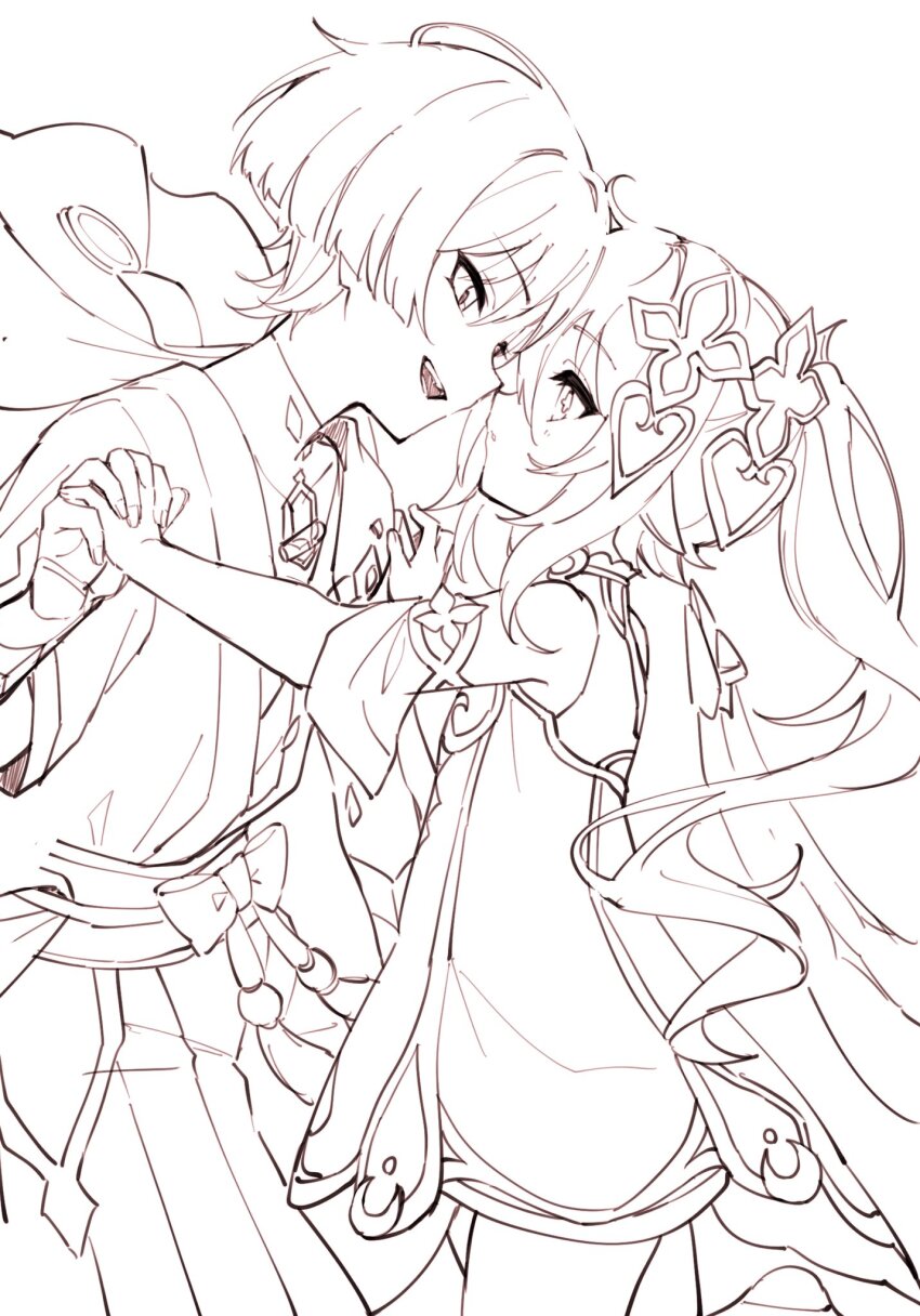 1boy 1girl ahoge armlet bell belt blunt_ends bodysuit bow cross-shaped_pupils detached_cape detached_sleeves dress eye_contact eyelashes face-to-face foot_up genshin_impact greyscale hair_ornament hakama hakama_shorts heart heart_hair_ornament hetero highres hip_vent holding_hands interlocked_fingers japanese_clothes jewelry kimono light_blush long_hair looking_at_another mochizuki_mochi monochrome nahida_(genshin_impact) open_clothes open_kimono open_mouth pleated_shorts pointy_ears rope sash scaramouche_(genshin_impact) short_sleeves shorts side_ponytail sidelocks sideways_mouth single_ear_down stirrup_footwear symbol-shaped_pupils tassel teeth tsurime turtleneck turtleneck_bodysuit upper_teeth_only wanderer_(genshin_impact)