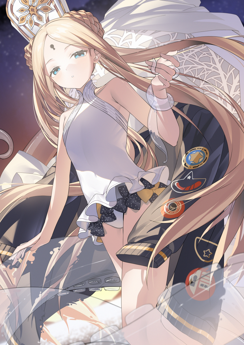 1girl abigail_williams_(fate) abigail_williams_(swimsuit_foreigner)_(fate) abigail_williams_(swimsuit_foreigner)_(second_ascension)_(fate) absurdres blonde_hair braid braided_bun double_bun dress_swimsuit expressionless fate/grand_order fate_(series) flat_chest hair_bun hat highres jacket keyhole long_hair mitre miyu10366 one-piece_swimsuit solo suction_cups swimsuit tentacles unworn_jacket very_long_hair white_one-piece_swimsuit