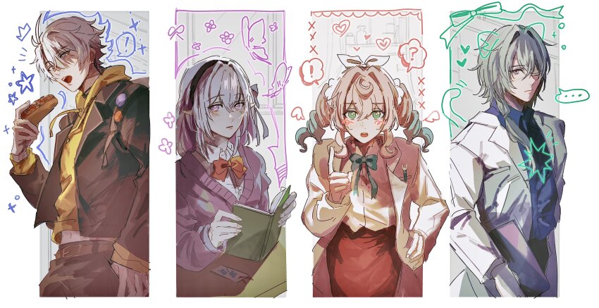 ! ... 2boys 2girls absurdres anaxa_(honkai:_star_rail) aqua_hair black_jacket black_pants blue_eyes blue_shirt book castorice_(honkai:_star_rail) closed_mouth food ggtnnk grey_hair hat highres holding holding_book holding_food honkai:_star_rail honkai_(series) hot_dog hyacine_(honkai:_star_rail) jacket looking_at_viewer medium_hair midriff multicolored_hair multiple_boys multiple_girls navel open_book open_mouth pants phainon_(honkai:_star_rail) pink_hair purple_hair purple_sweater red_skirt shirt short_hair side_ponytail skirt spoken_ellipsis spoken_exclamation_mark sweater teeth twintails two-tone_hair upper_body upper_teeth_only white_hat white_jacket