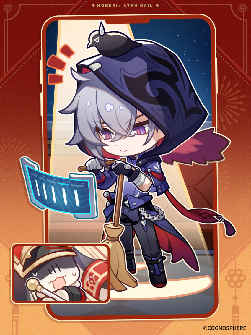 1boy 1other animal_ears astral_express_(honkai:_star_rail) beak belt bird black_belt black_boots black_gloves black_pants blue_eyes boots broom chibi coat collar commentary copyright_name crossed_bangs crow duster english_commentary floor full_body fur-trimmed_coat fur_trim gloves grey_hair hair_between_eyes hands_up hat highres holding holding_broom holding_duster honkai:_star_rail honkai_(series) hood hooded_jacket jacket looking_at_object moze_(honkai:_star_rail) night night_sky no_eyes notice_lines official_art open_clothes open_jacket open_mouth pants pink_pupils pom-pom_(honkai:_star_rail) purple_collar purple_jacket purple_shirt rabbit_ears red_coat red_hat shirt short_hair sky stage_lights standing star_(sky) starry_sky sweatdrop teeth