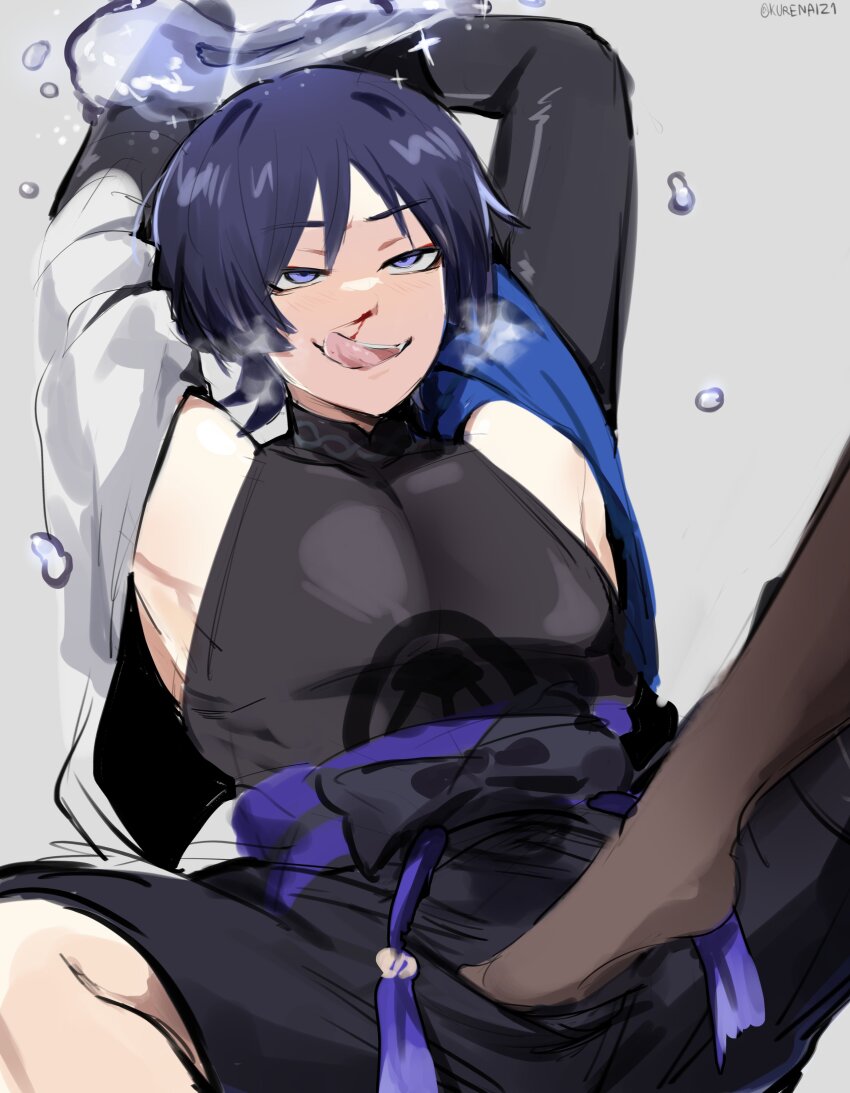 1boy :d absurdres arms_up black_bodysuit black_bow black_bridal_gauntlets black_hair black_shorts blood blunt_ends bodysuit bound bound_wrists bow bridal_gauntlets brown_pantyhose eyeliner eyeshadow foreplay genshin_impact grey_background highres japanese_clothes kimono kurenaiz_(kuayrenaiz) licking_blood light_blush looking_past_viewer makeup nosebleed open_clothes open_kimono open_mouth pantyhose purple_eyes red_eyeliner red_eyeshadow scaramouche_(genshin_impact) shorts sketch smile steaming_body stepped_on tassel teeth tsurime twitter_username upper_teeth_only wanderer_(genshin_impact) water water_drop white_kimono wispy_bangs