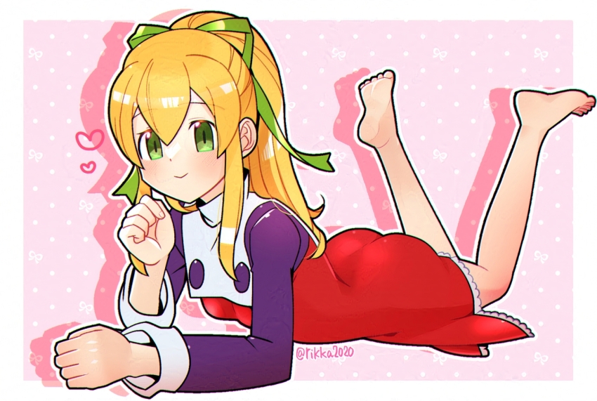 1girl blonde_hair border breasts dress full_body green_eyes heart high_ponytail long_hair lying mega_man_(classic) mega_man_(series) on_stomach pink_background ponytail red_dress rikka_(user_hruv2435) roll_(mega_man) simple_background small_breasts solo the_pose twintails white_border