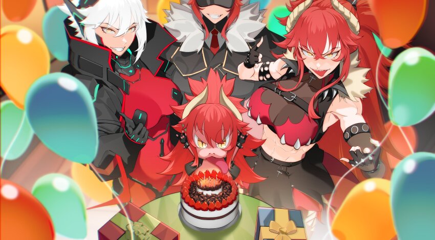 3girls absurdres android balloon birthday birthday_cake black_coat black_gloves black_jacket black_skirt bodysuit breasts cake chibi cleavage coat cropped_jacket cropped_shirt dragon_girl dragon_horns dragon_tail fingerless_gloves food fur-trimmed_coat fur_trim gift gloves grey_hair highres horns jacket kuroienpitsu large_breasts long_hair looking_at_viewer mechanical_horns midriff military military_uniform multiple_girls navel necktie open_mouth pointing pointing_at_viewer ponytail red_bodysuit red_necktie red_shirt second-party_source shirt short_hair sidelocks skirt slit_pupils tail virtual_youtuber vshojo zentreya zentreya_(commander) zentreya_(cyborg) zentreya_(cyborg)_(1st_costume) zentreya_(dragon) zentreya_(dragon)_(1st_costume)