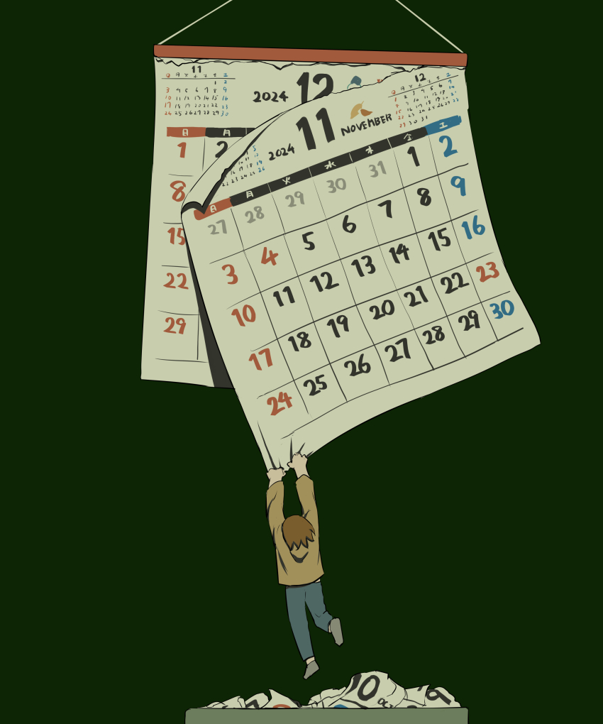 1other 2024 absurdres avogado6 blue_pants brown_hair calendar_(object) commentary_request green_background grey_socks hanging_on highres long_sleeves mini_person original pants shirt simple_background socks solo symbolism trash_can yellow_shirt