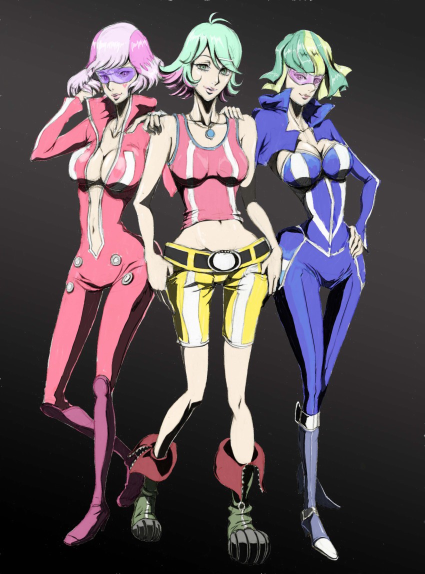 3girls absurdres bad_id bad_pixiv_id belt boiboi boots bosubosu breasts center_opening cleavage highres jewelry multicolored_hair multiple_girls narrow_waist navel necklace oochan pink-tinted_eyewear purple-tinted_eyewear redline shorts sonoshee_mclaren sunglasses tank_top thigh_gap tinted_eyewear traditional_media visor