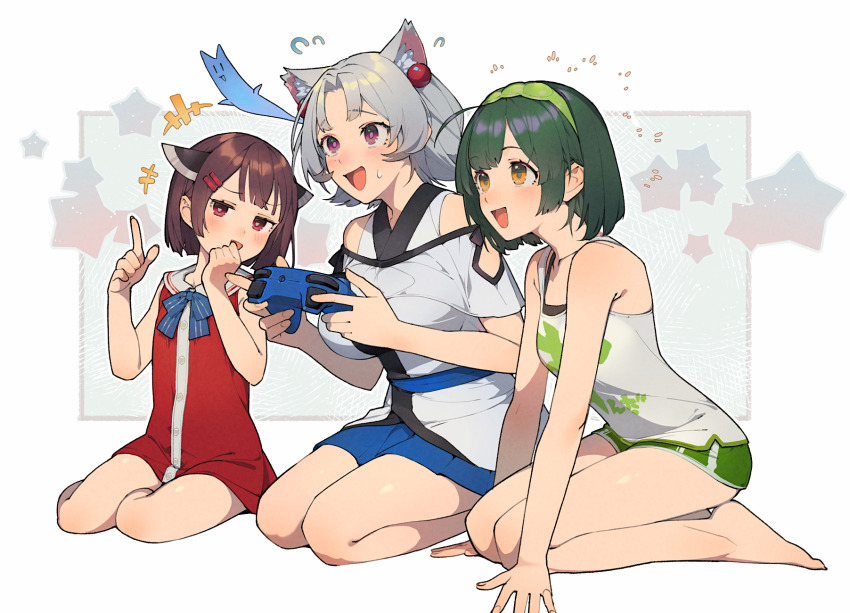 3girls animal_ear_fluff animal_ears barefoot beads blue_bow blue_bowtie blue_sash blue_skirt blush bow bowtie brown_hair casual commentary_request controller dress fox_ears game_controller ghost green_hair green_hairband green_shorts grey_hair hair_beads hair_ornament hairband hairclip headgear highres holding holding_controller holding_game_controller index_finger_raised multiple_girls open_mouth orange_eyes pea_pod purple_eyes red_dress red_eyes sash seiza shirinda_fureiru short_hair shorts siblings sisters sitting skirt star_(symbol) striped_bow striped_bowtie striped_clothes sweat tank_top touhoku_itako touhoku_kiritan touhoku_zunko voiceroid white_tank_top yokozuwari