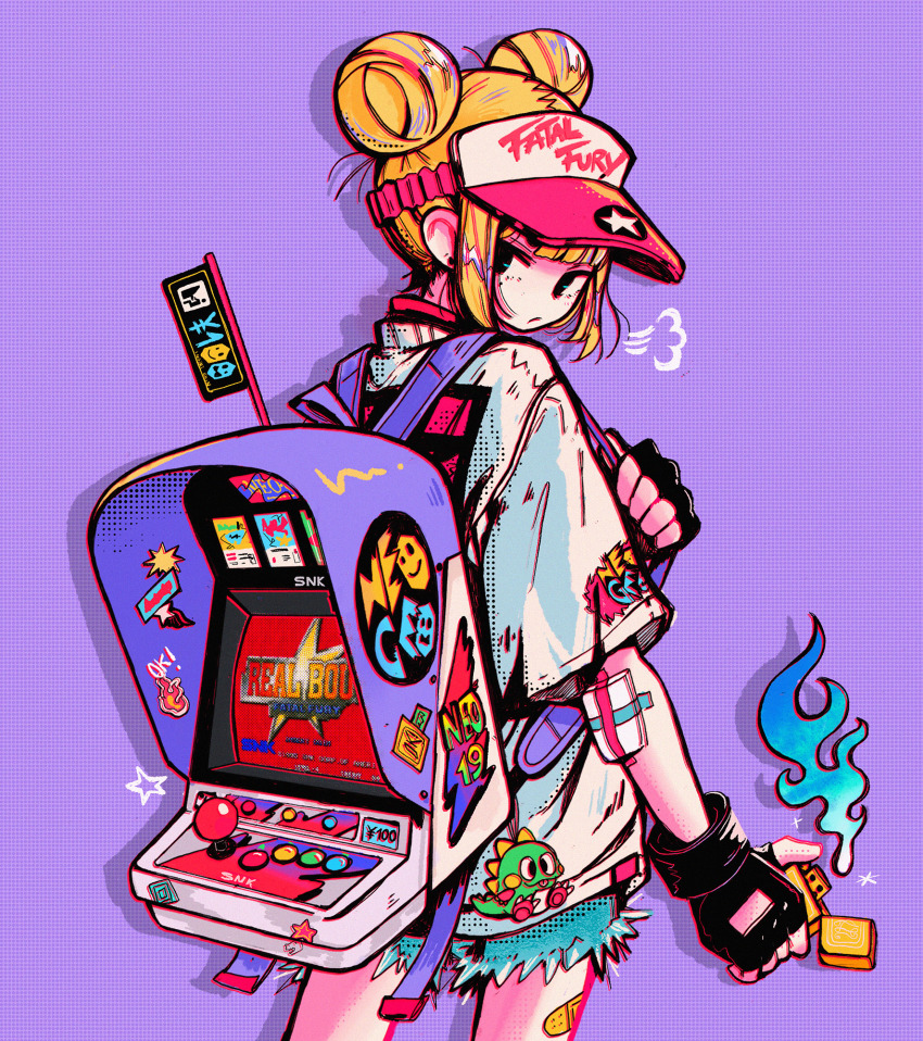 1girl backpack bag bandaid bandaid_on_leg black_gloves blonde_hair blouse blue_fire blue_shorts bub_(bubble_bobble) bubble_bobble copyright_name cowboy_shot crisalys double_bun fatal_fury fingerless_gloves fire from_behind gloves hair_bun highres holding holding_lighter lighter long_sleeves looking_at_viewer looking_back neo_geo original purple_background shadow shirt shorts simple_background snk solo taito white_shirt