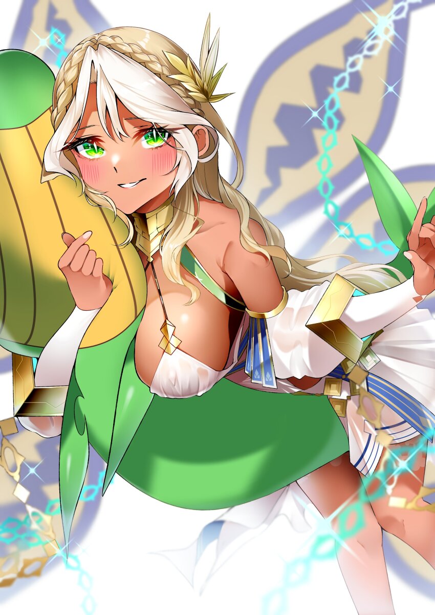 1girl absurdres andromeda_(fate) andromeda_(first_ascension)_(fate) armlet bare_shoulders blonde_hair blush braid breasts cetus_(fate) chain collar crown_braid cuffs dark-skinned_female dark_skin detached_sleeves dress fate/grand_order fate_(series) gold_teeth green_eyes grin hair_ornament highres inflatable_toy jaws jewelry large_breasts len_(hand_linke) long_hair looking_at_viewer low_twintails metal_collar multicolored_hair shackles short_dress sidelocks smile solo thighs twintails two-tone_hair white_dress white_hair